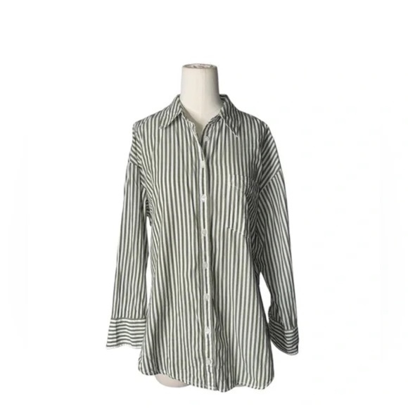 MAEVE - Oversized Classic Striped Button-Down Shirt – Olive & White - Small - Picture 2 of 9